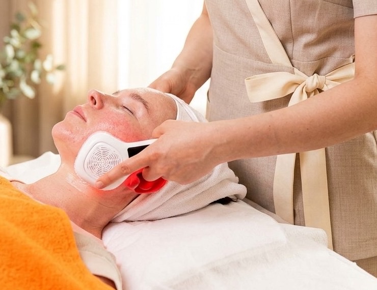 Sarkanās LED gaismas aparāts pie sejas THESERA 42 Red Collagen procedūrā — sejas procedūras Koknesē